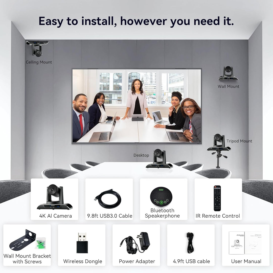 TONGVEO 4K AI Auto-Tracking 5X Digitalzoom USB3.0 124° Weitwinkel PTZ-Kamera und Freisprecheinrichtu