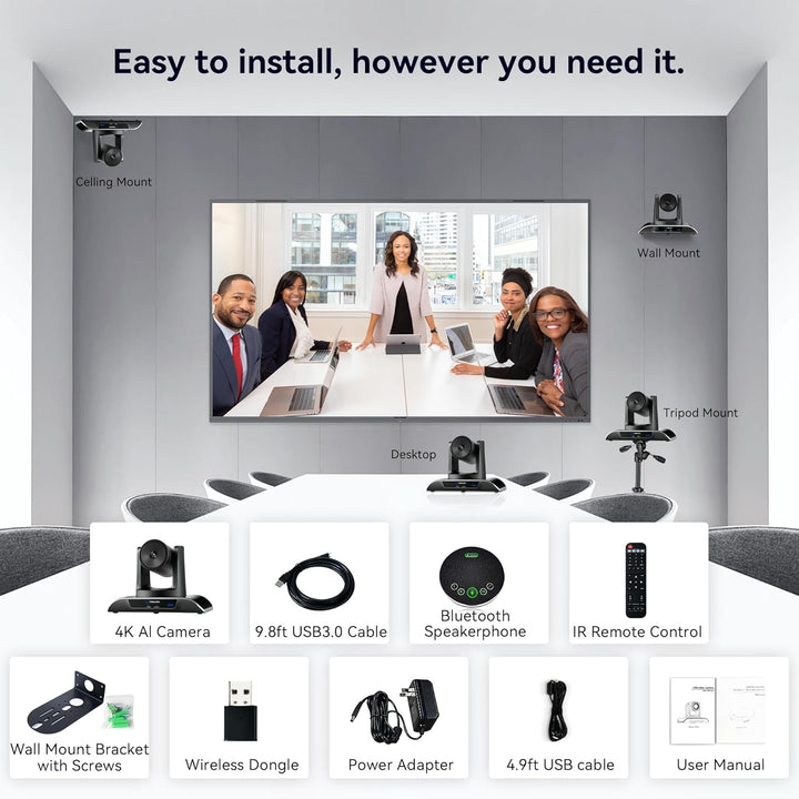 TONGVEO 4K AI Auto-Tracking 5X Digitalzoom USB3.0 124° Weitwinkel PTZ-Kamera und Freisprecheinrichtu