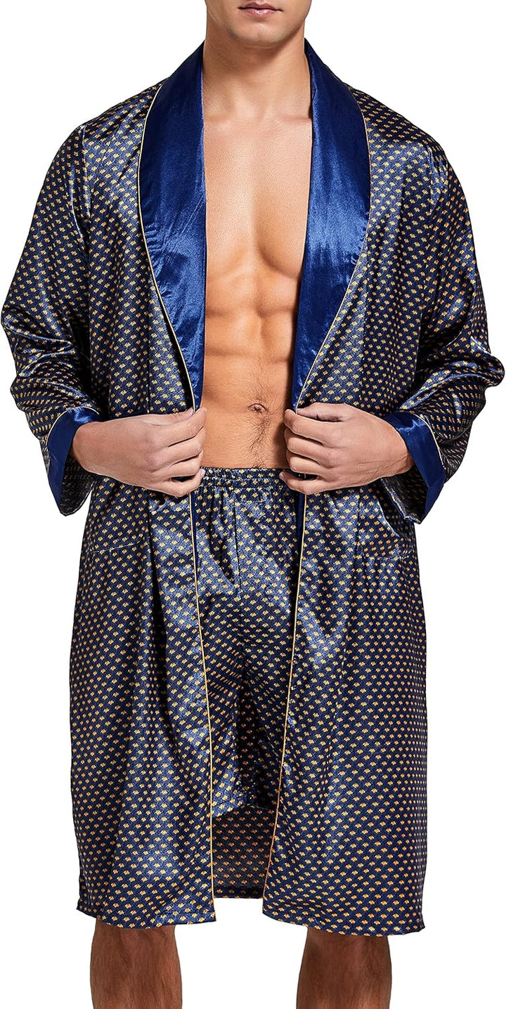 Herren Satin Bademantel, Leichter Seiden Langarm Bademantel mit Shorts Set, Spa Kimono Nachtwäsche,