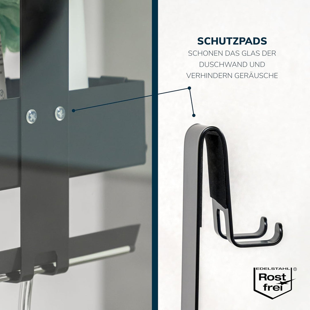eluno Duschablage für die Glasduschwand, Duschkorb zum Einhängen mit 2 fest integrierten und 4 verse