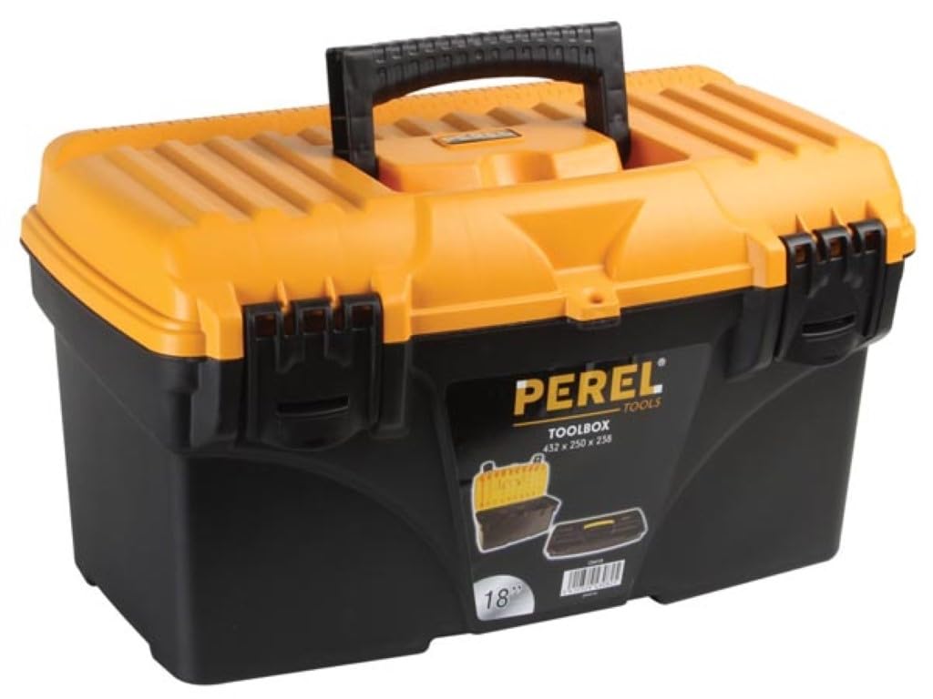 Perel Werkzeugkoffer 25,7L mit herausnehmbarer Einsatzbox, Kunststoff Toolbox mit klappbarem Griff u