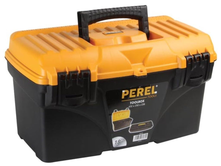 Perel Werkzeugkoffer 25,7L mit herausnehmbarer Einsatzbox, Kunststoff Toolbox mit klappbarem Griff u