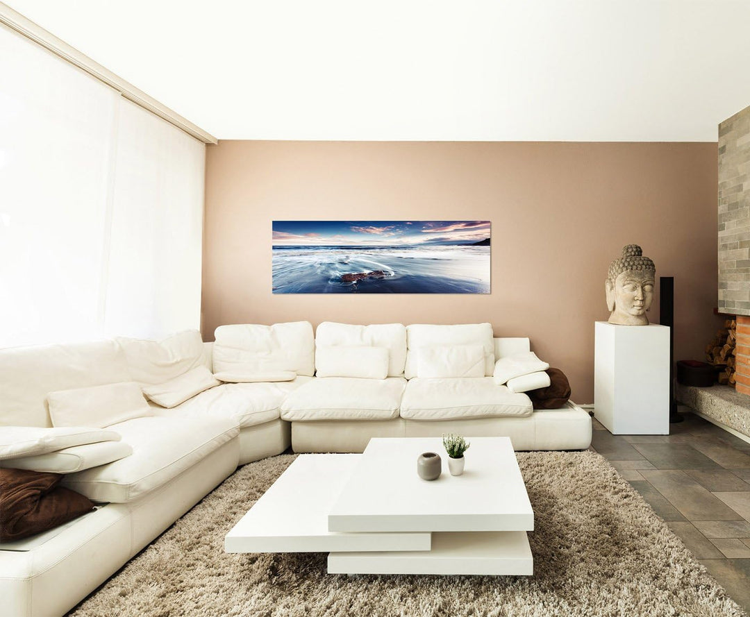 Paul Sinus Art Panoramabild auf Leinwand und Keilrahmen 150x50cm Krim Meer Wellen Sommer Sonnenunter