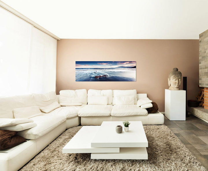 Paul Sinus Art Panoramabild auf Leinwand und Keilrahmen 150x50cm Krim Meer Wellen Sommer Sonnenunter