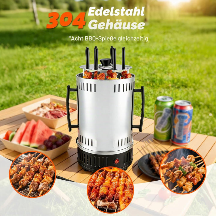 Elektrischer BBQ Tischgrill Vertikalgrill aus Edelstahl, Schaschlikgrill mit 12 Spiessen und 2 Glasr