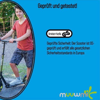 muuwmi Aluminium Scooter Pro – Tretroller, 215 mm, ABEC 7, für Kinder und Erwachsene, GS-geprüft, hö