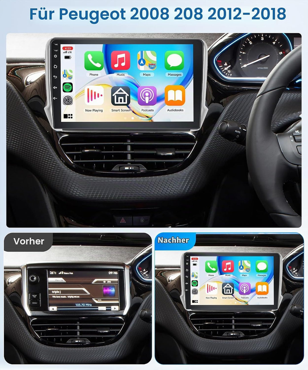 Rimoody 4+64G Android Autoradio für Peugeot 2008 208 2012-2018 10.1 Zoll HD Autoradio mit Carplay An