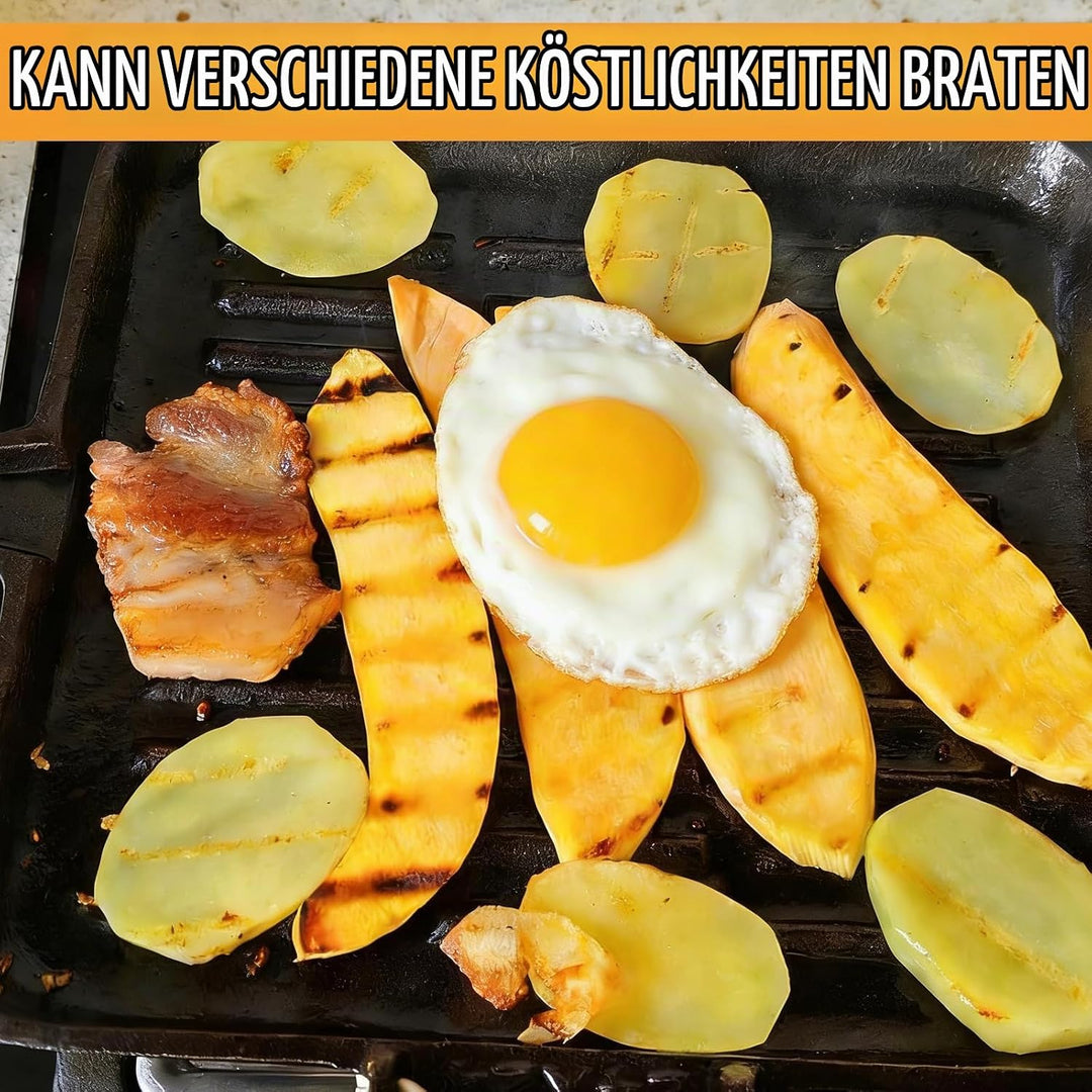 Steakpfanne Gusseisen 20×20 cm Grillpfanne mit Klappbarem Holzgriff Viereckige Grill Pan Induktion F
