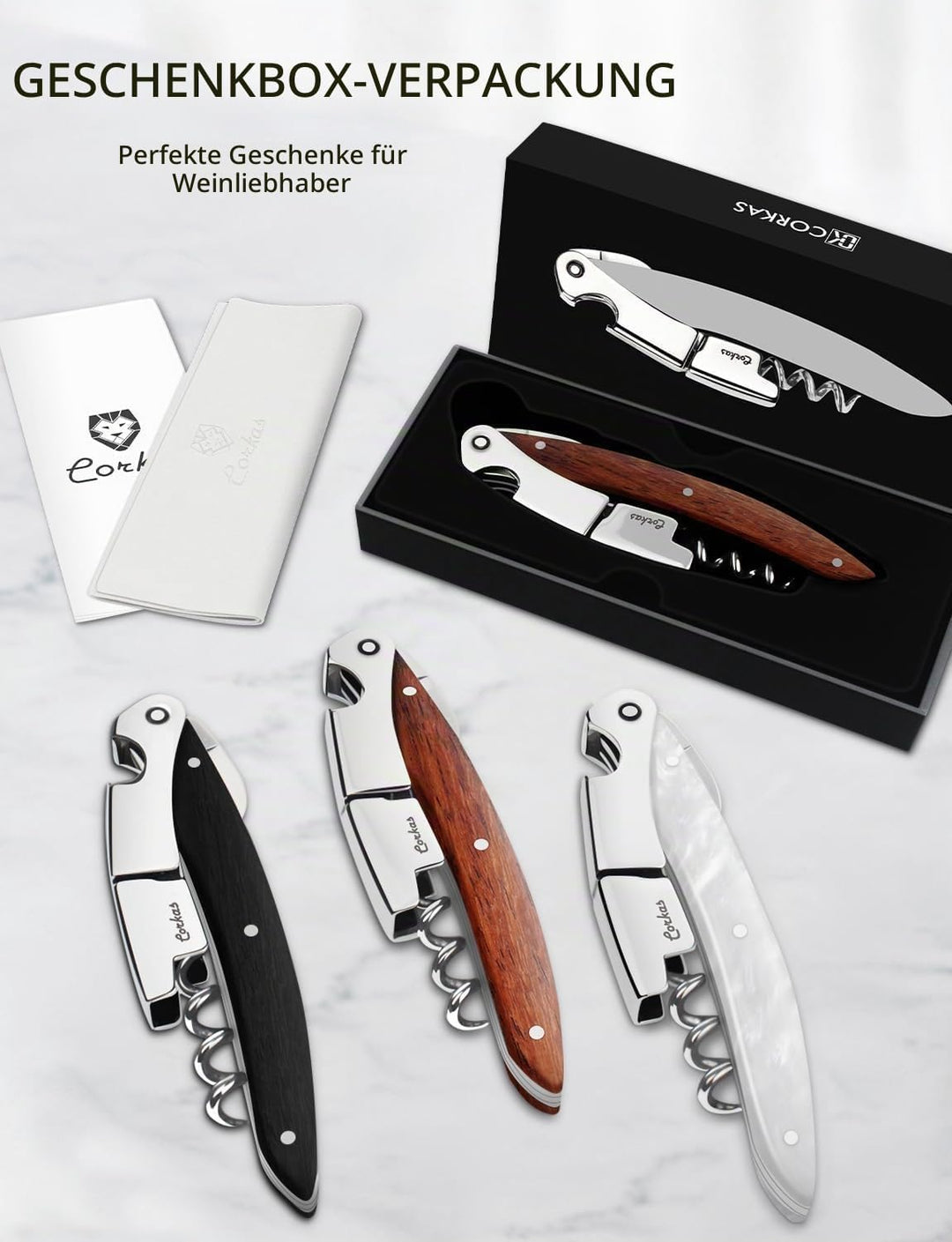 CORKAS Kellnermesser - Profi Korkenzieher multifunktionaler Weinöffner, Folienschneider und Flaschen