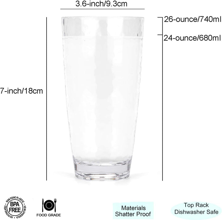 Grosse Acrylgläser, 740 ml, Kunststoffbecher, Set mit 6 transparenten Farben, gehämmerter Stil, BPA-