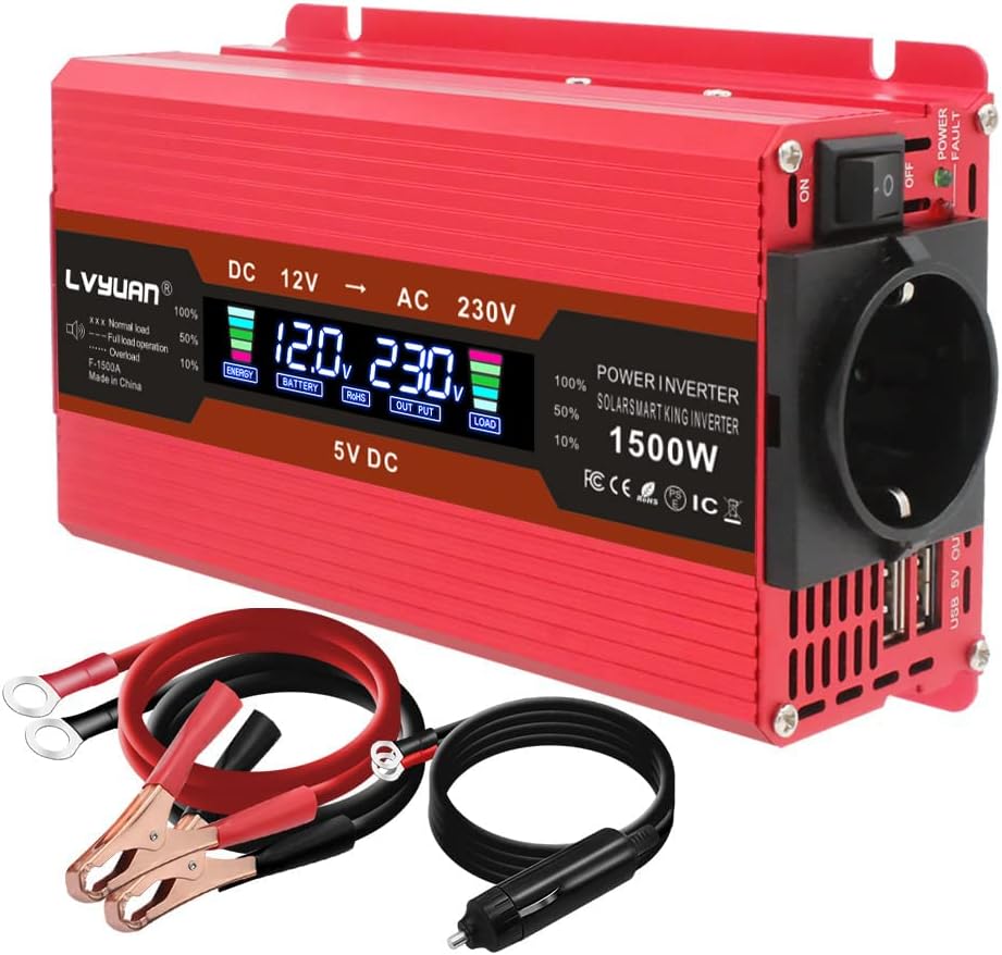 LVYUAN Wechselrichter 12V 230V 1500W Spannungswandler Stromumwandler Inverter mit 2 USB LCD EU Steck