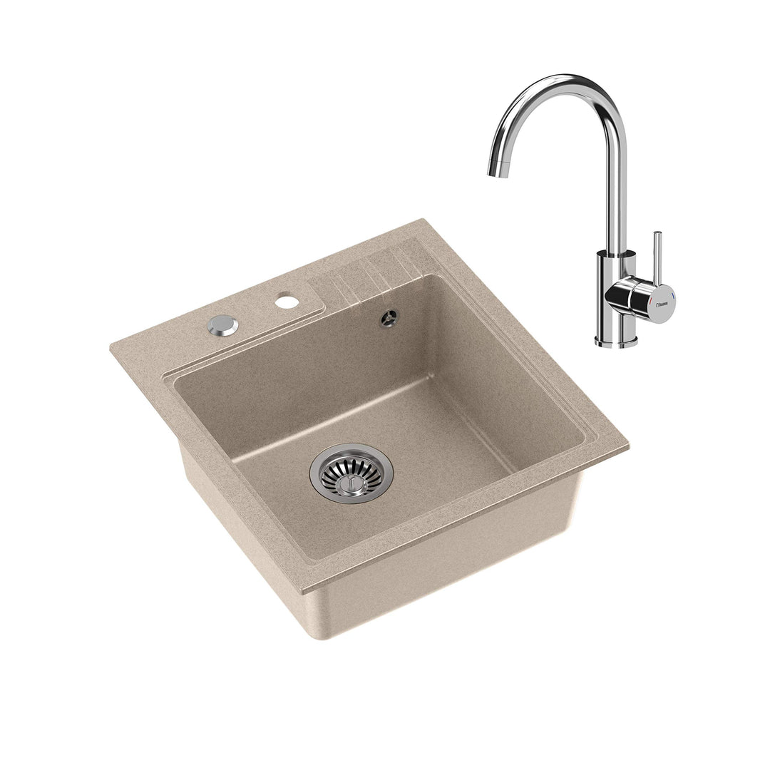 VBChome Spüle mit Armatur 52 x 50 cm Beige Chrom Tiefes Becken Küche Einbauspüle Verbundspüle Küchen