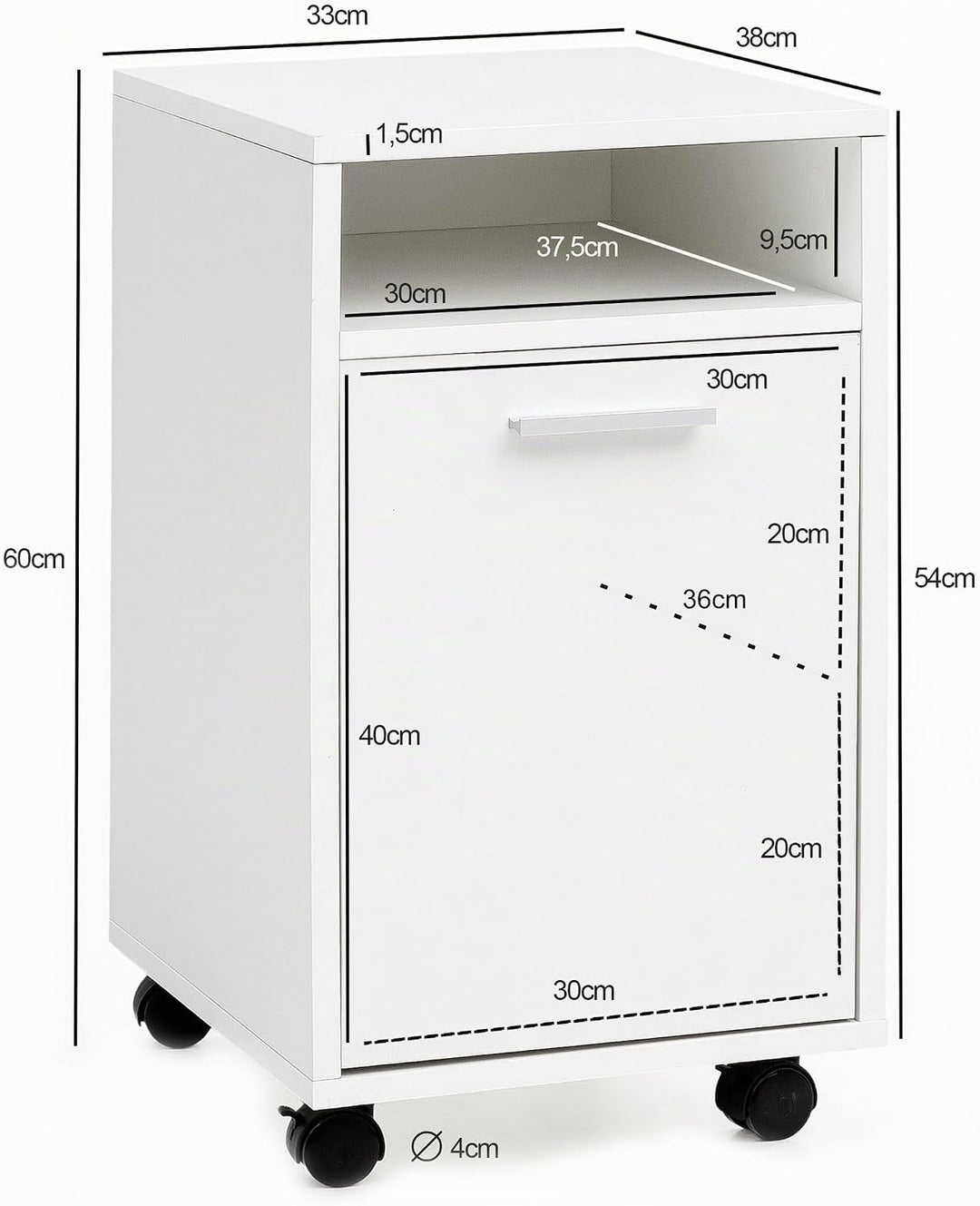 Wohnling Rollcontainer Weiss 33x60x38cm Schubladenschrank, Schreibtisch-Container mit Tür & Ablage,