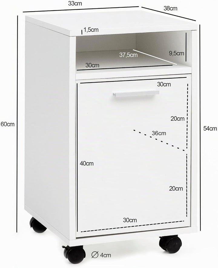 Wohnling Rollcontainer Weiss 33x60x38cm Schubladenschrank, Schreibtisch-Container mit Tür & Ablage,