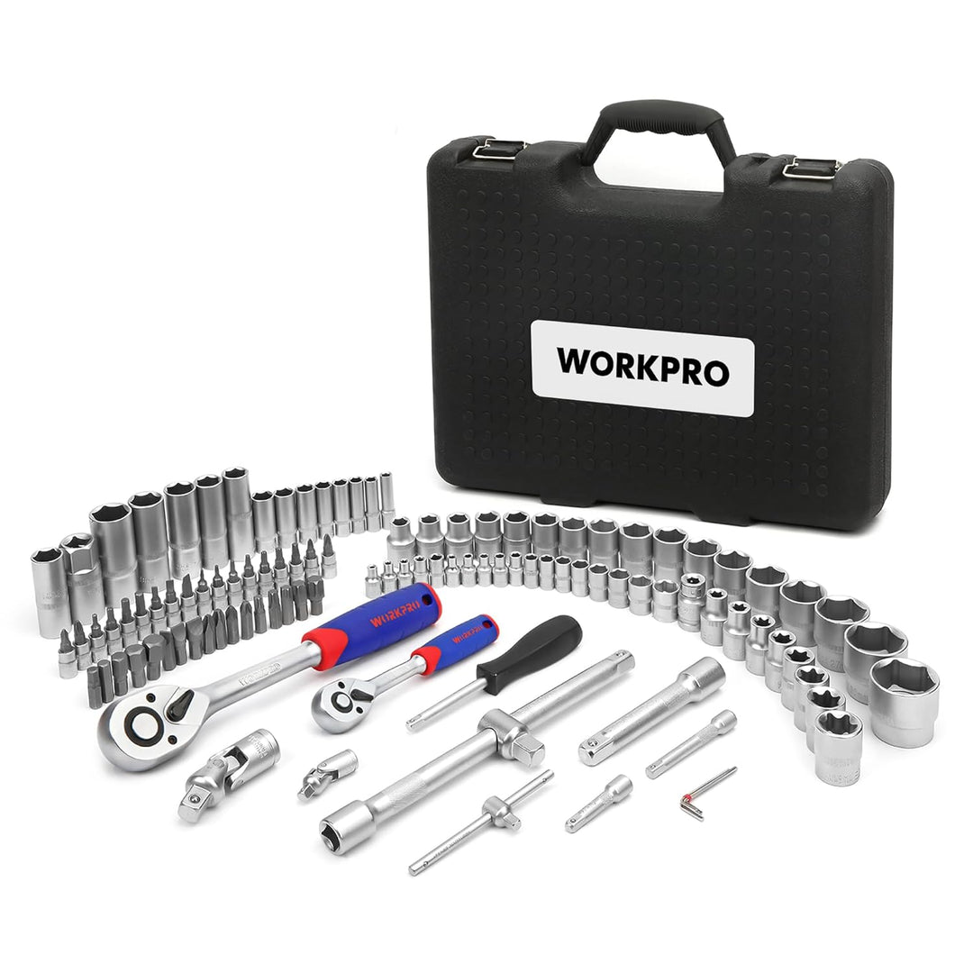 WORKPRO Steckschlüsselsatz 108-teilig, Knarrenkasten Ratschenkasten für Auto, mit 1/4" und 1/2" Umsc