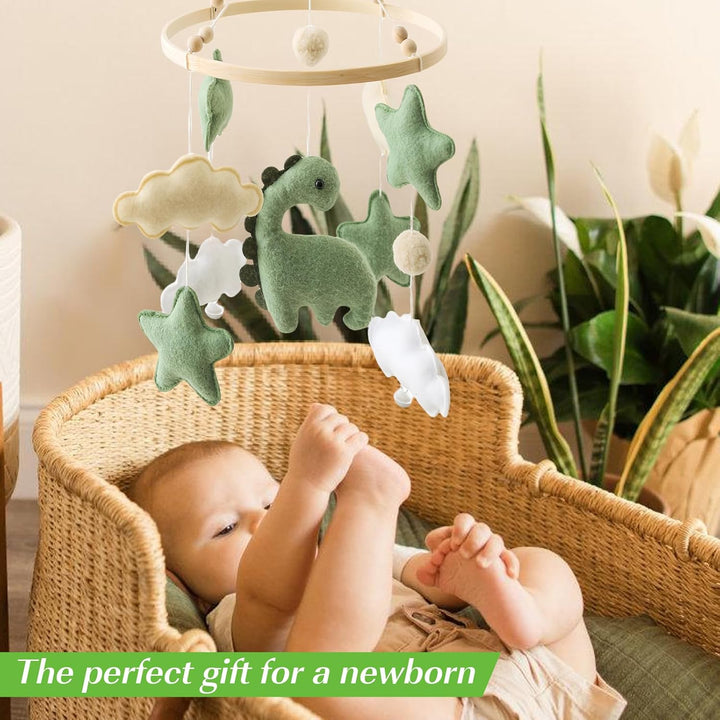 Baby Windspiel Dinosaurier mit Sternen & Wolken – Holz Mobile Babybett Dekor, Sensorisches Spielzeug