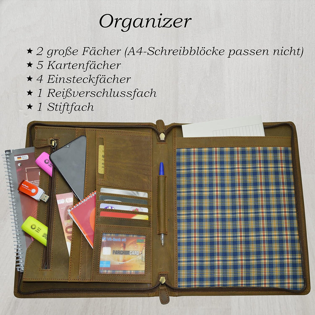 flevado Leder Schreibmappe Organizer Arbeitstasche Studium Konferenz Tasche braun