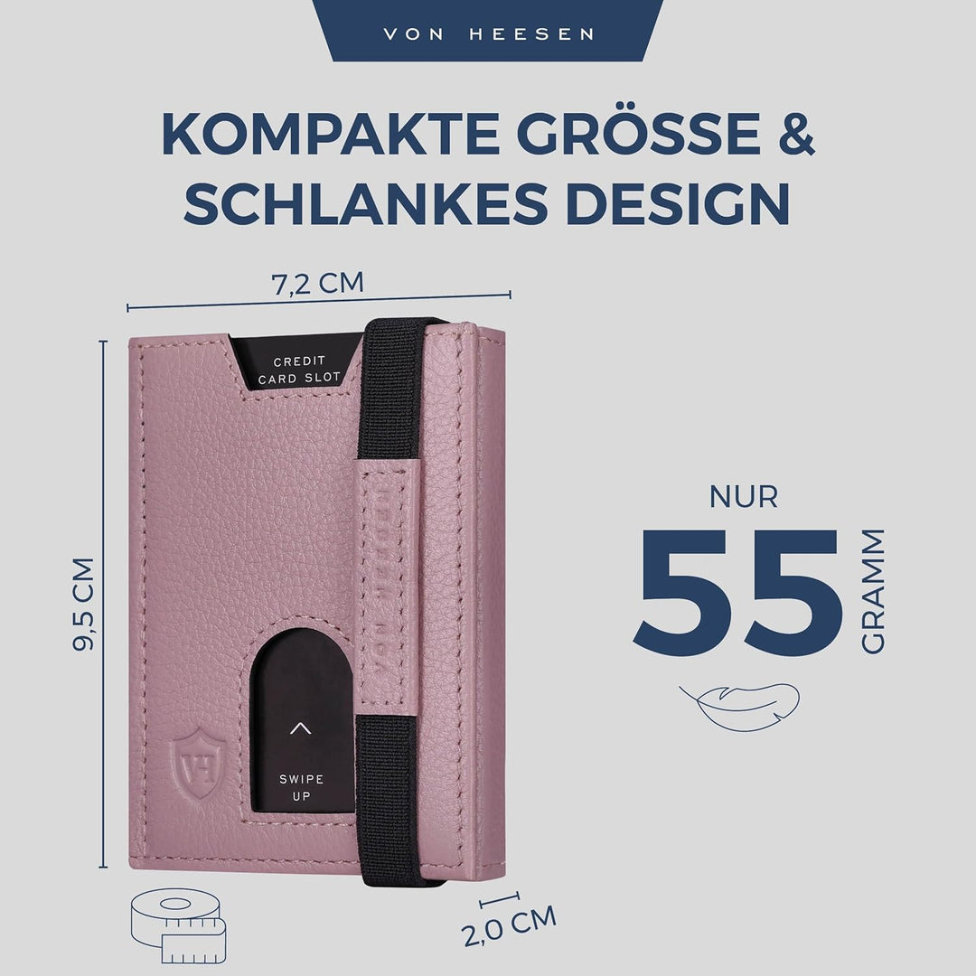 VON HEESEN Leder Slim Wallet - Geldbeutel mit RFID Schutz - Mini Geldbörse für Herren und Damen - Ka