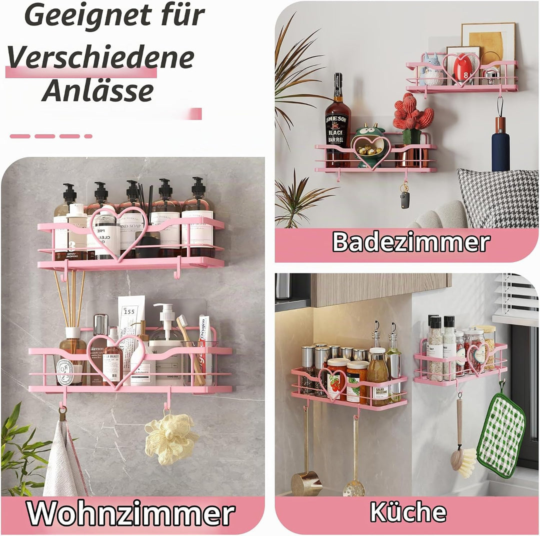 2 Stück Duschablage Ohne Bohren, Rosa Duschregal mit 4 Haken, Dusche Halterung Duschkorb zum kleben,