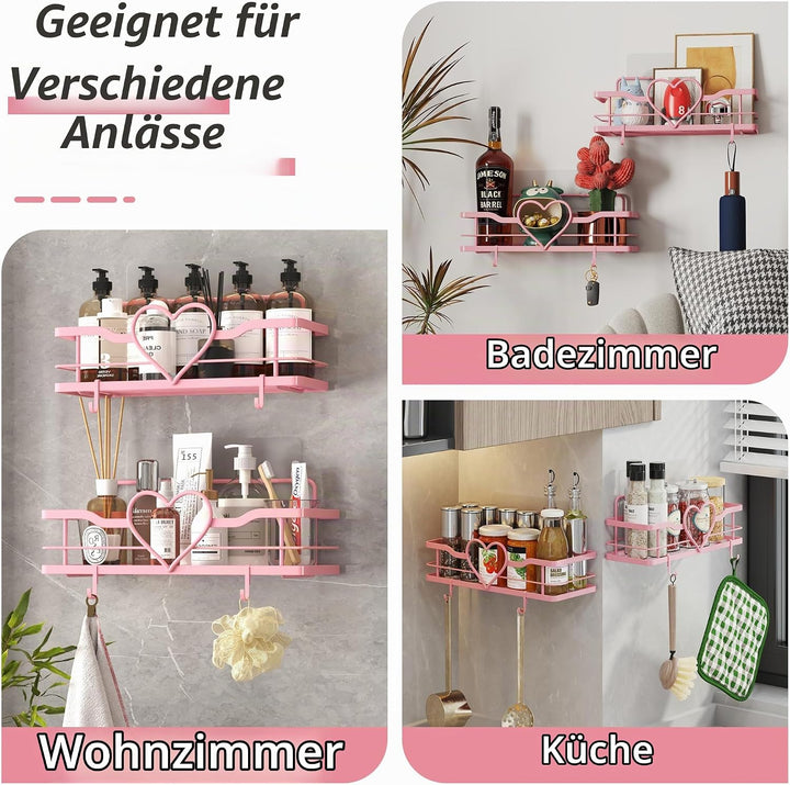 2 Stück Duschablage Ohne Bohren, Rosa Duschregal mit 4 Haken, Dusche Halterung Duschkorb zum kleben,