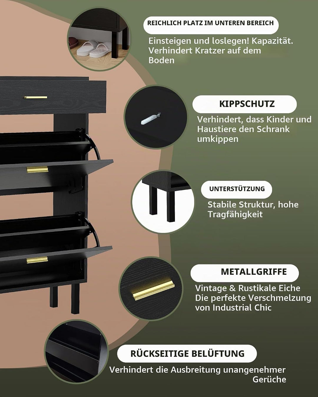 Platzsparender Schmaler Schuhschrank, 3 Schubladen, 3-Fach Verstellbare Einlegeböden, Aus Holz, Frei