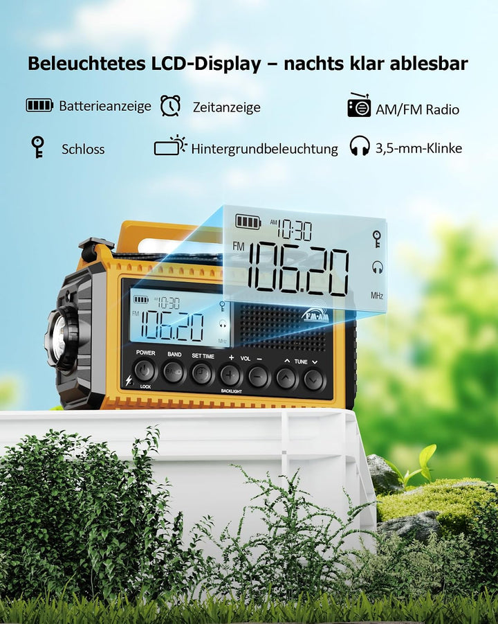 Roxicosly Kurbelradio, Notfallradio mit 12000-mAh Power Bank, AM/FM/SW Baustellenradio, Kurbel &amp; 5-W