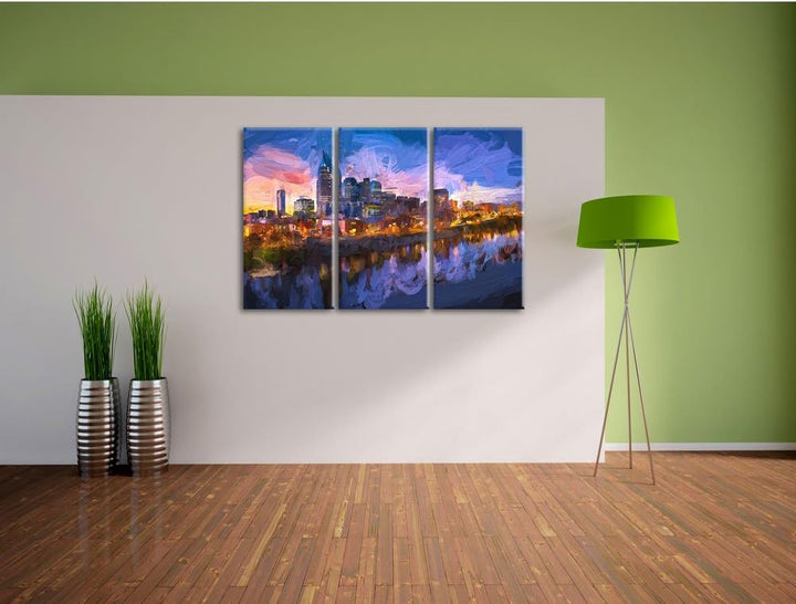 Pixxprint Nashville Skyline Panorama Kunst Pinsel Effekt 3-Teiler Leinwandbild 120x80 Bild auf Leinw