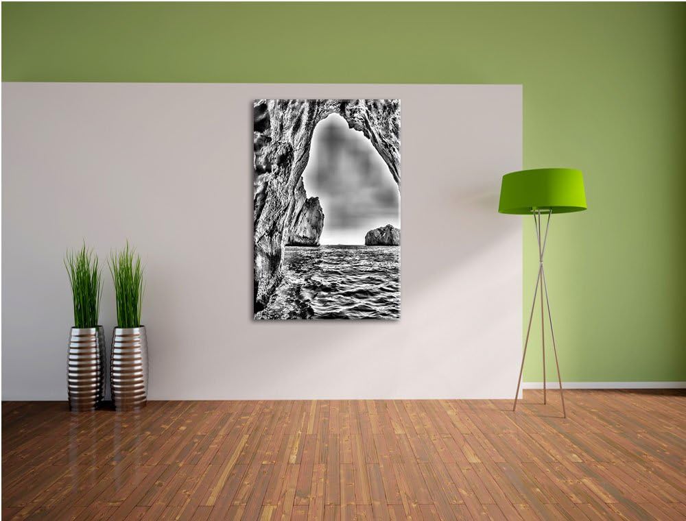 Pixxprint Monocrome, Felstor im Meer, Format: 100x70 auf Leinwand, riesige Bilder fertig gerahmt mit