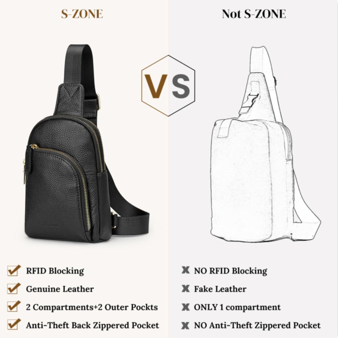 S-ZONE RFID-blockierende Damen-Umhängetasche, Leder, klein, Brustrucksack, Rucksack Schwarz-1, Schwa