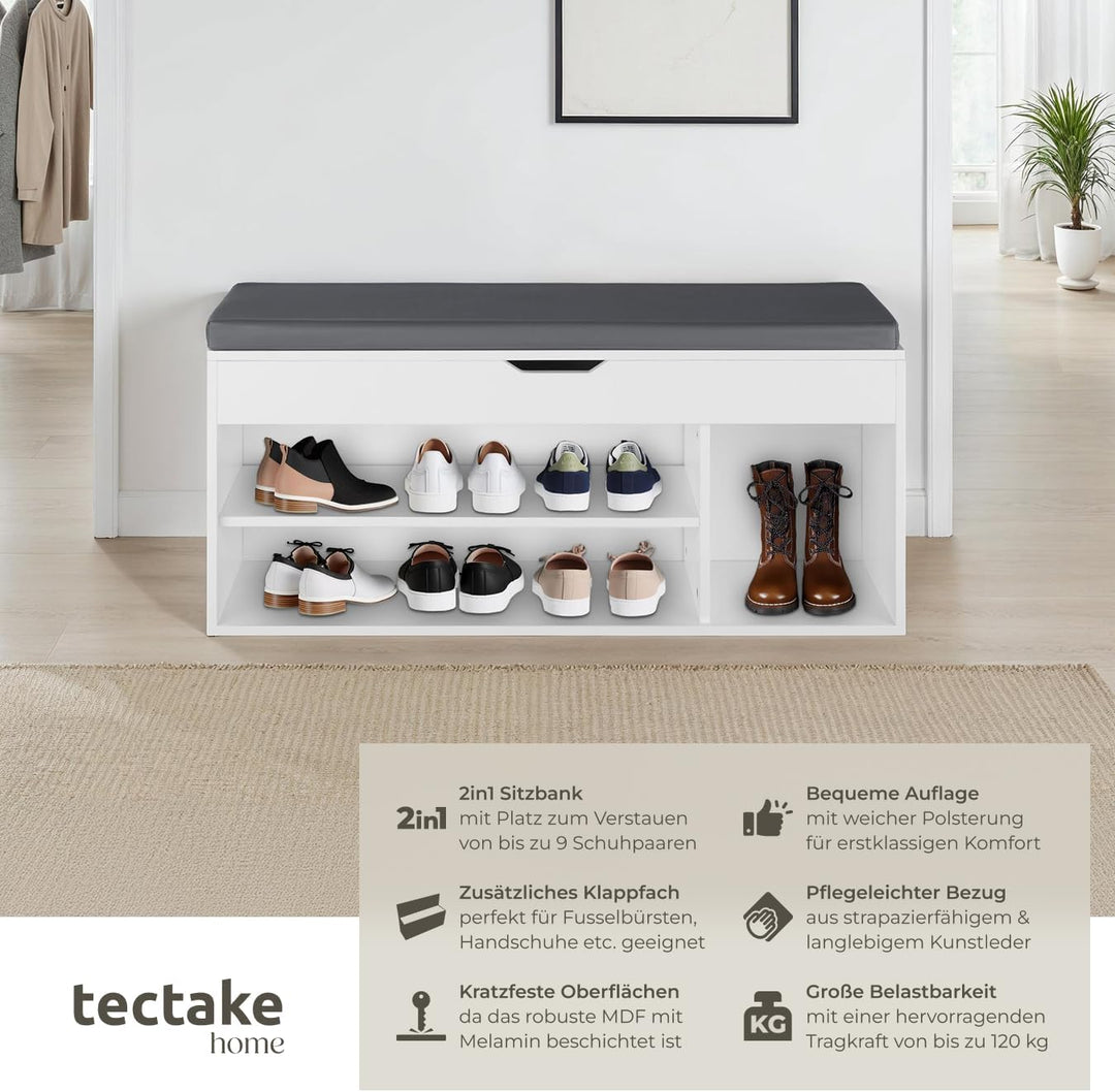 tectake® Sitzbank mit Stauraum, Schuhregal mit Sitzbank, 104 x 30 x 49 cm, Hocker mit Stauraum & Sch