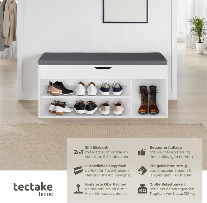 tectake® Sitzbank mit Stauraum, Schuhregal mit Sitzbank, 104 x 30 x 49 cm, Hocker mit Stauraum & Sch