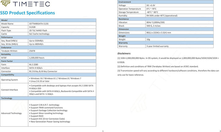 Timetec SSD 3D NAND TLC SATA III 6Gb/s M.2 2280 NGFF 64TBW Read Speed Up to 500MB/s SLC Cache Perfor