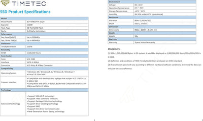 Timetec SSD 3D NAND TLC SATA III 6Gb/s M.2 2280 NGFF 64TBW Read Speed Up to 500MB/s SLC Cache Perfor