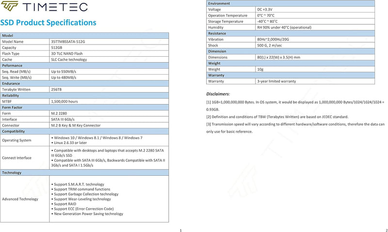 Timetec SSD 3D NAND TLC SATA III 6Gb/s M.2 2280 NGFF 64TBW Read Speed Up to 500MB/s SLC Cache Perfor