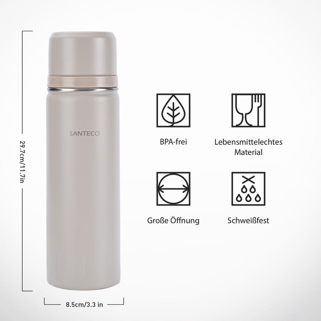 SANTECO Thermoskanne Thermosflasche Edelstahl 1l, 500ml, Auslaufsicher Isolierflasche mit Trinkbeche