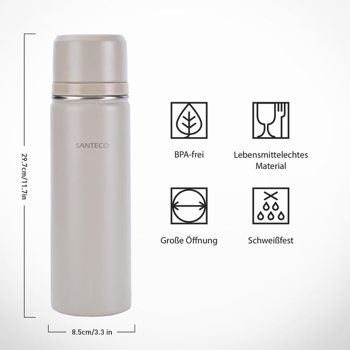 SANTECO Thermoskanne Thermosflasche Edelstahl 1l, 500ml, Auslaufsicher Isolierflasche mit Trinkbeche