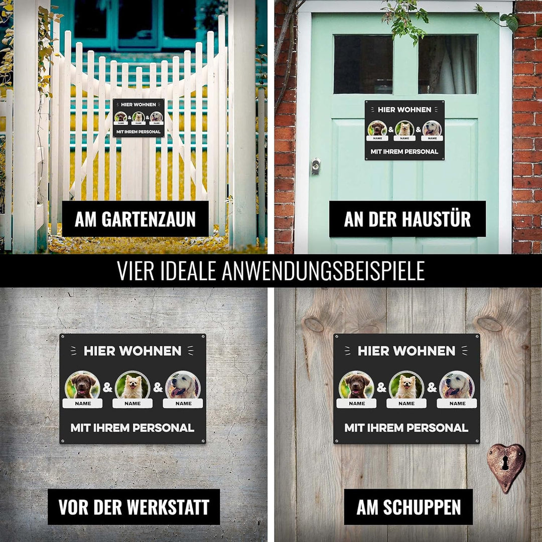 Hunde Schild personalisiert - Hier wohnt mit Personal - Metallschild mit Foto und Name für aussen, w