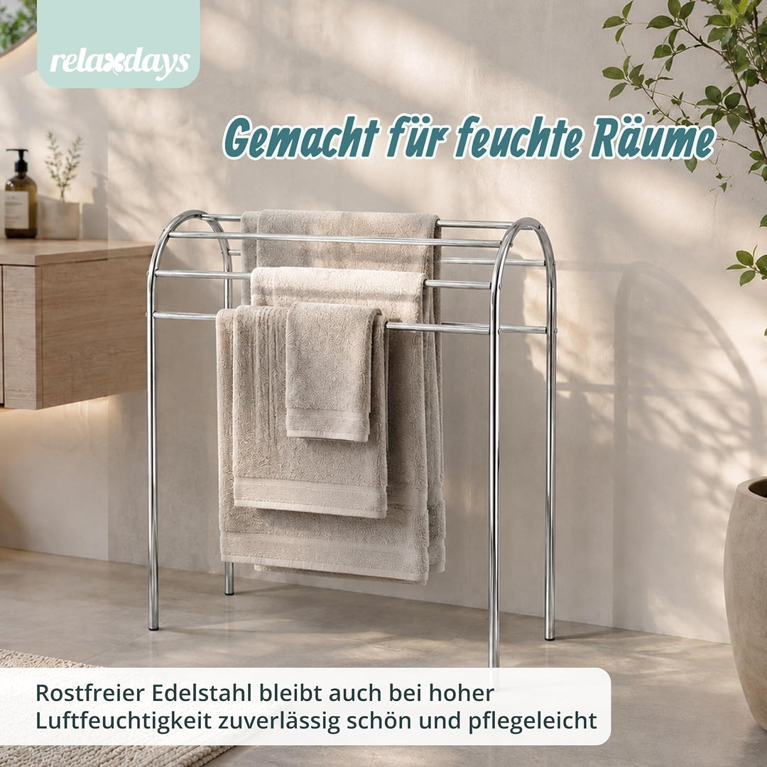 Relaxdays Handtuchständer, HBT: 81,5 x 78 x 29,5 cm, Edelstahl, 6 Stangen, stehender Handtuchhalter,