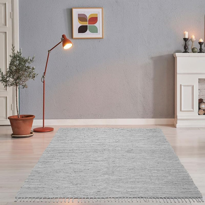 Theko | Dhurry Teppich aus 100% Baumwolle Flachgewebe Teppich Happy Cotton | handgewebt | Farbe: Gra