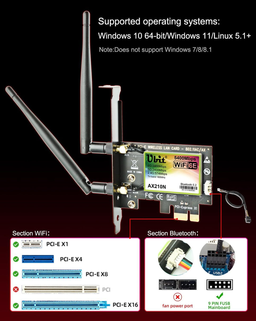 Ubit WiFi 6E AXE5400 PCIe WLAN Karte für PC Intel AX210 Chipsatz mit Bluetooth 5.3 PCI Express Netzw