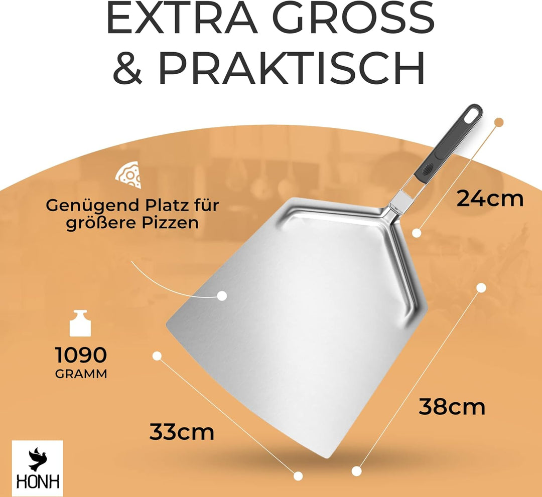 HONH - Pizzaschieber Edelstahl - Extra grosse Schaufel (33 x 38 cm) - Premium Pizzaschaufel mit extr