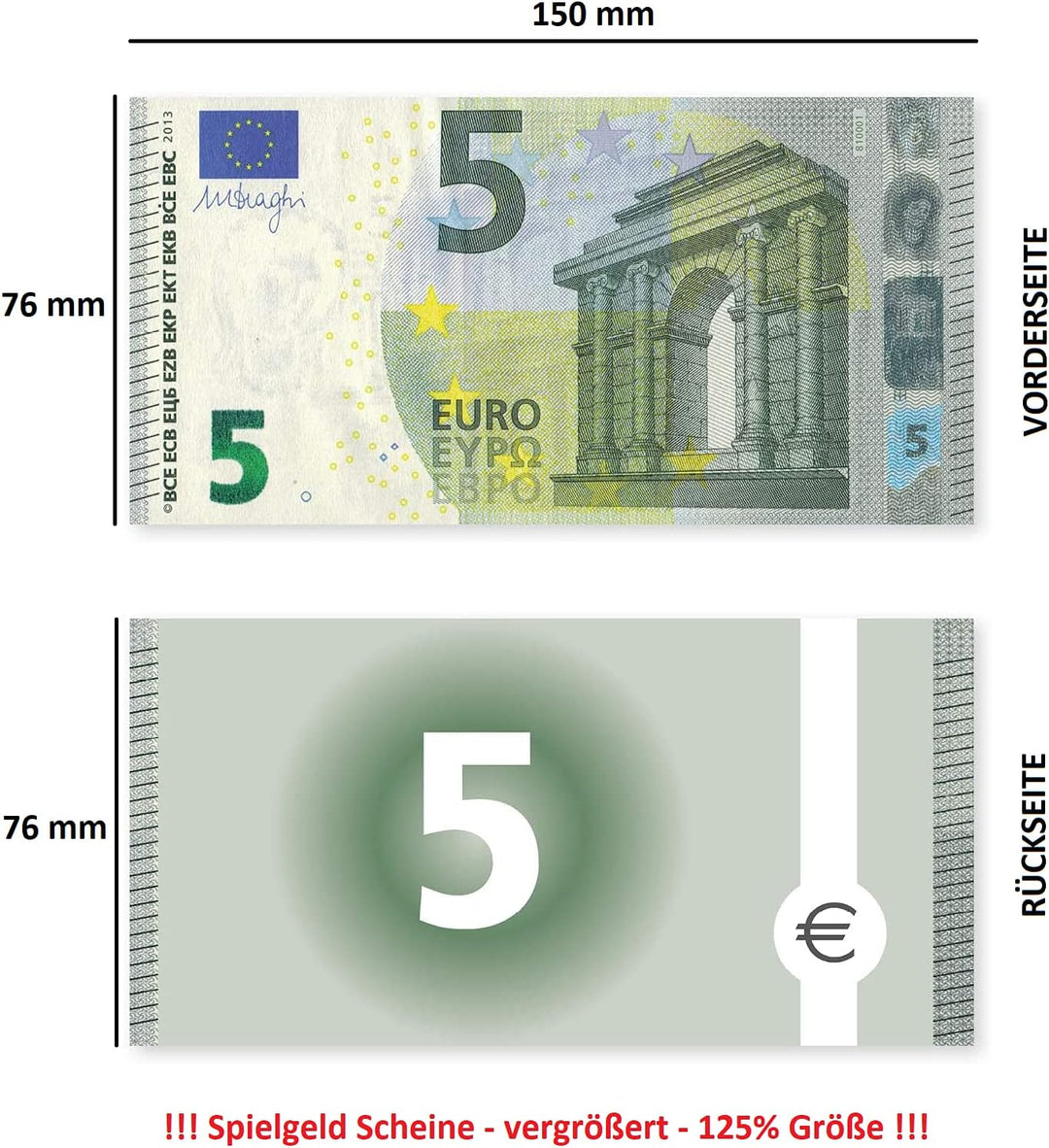 Litfax GmbH 5€ Euroschein/Euro-Geldscheine ca. 150x76 mm/banderoliert, je Pack. 75 Stück (5 PG) …, 5