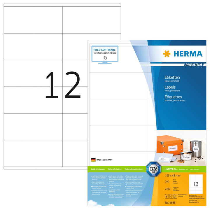 HERMA 4635 Universal Etiketten, 200 Blatt, 105 x 48 mm, 12 Stück pro A4 Bogen, 2400 Aufkleber, selbs