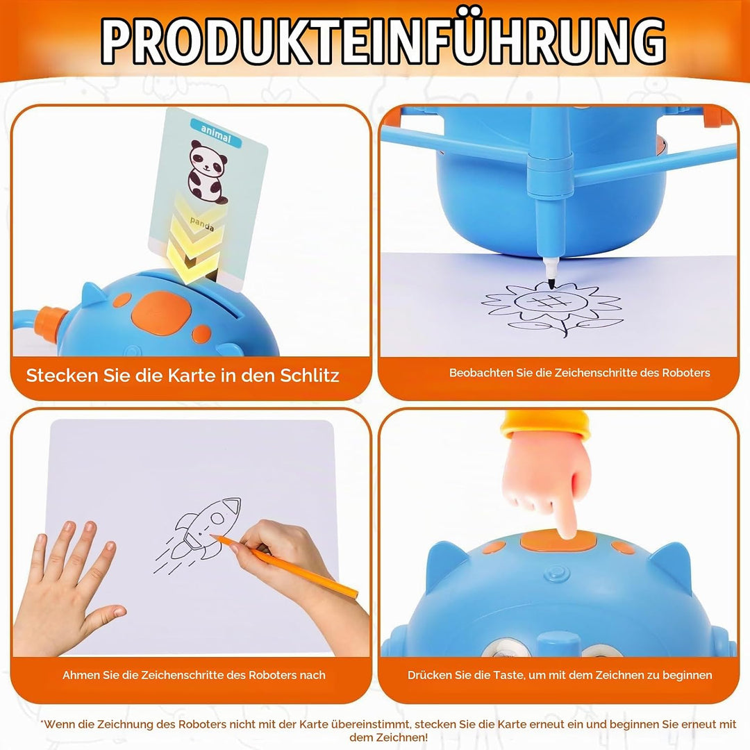 Malroboter für Kinder, Zeichenroboter Kinder mit Sprachanleitung, 100 Karten &amp; 14 Stift, Mal-Roboter
