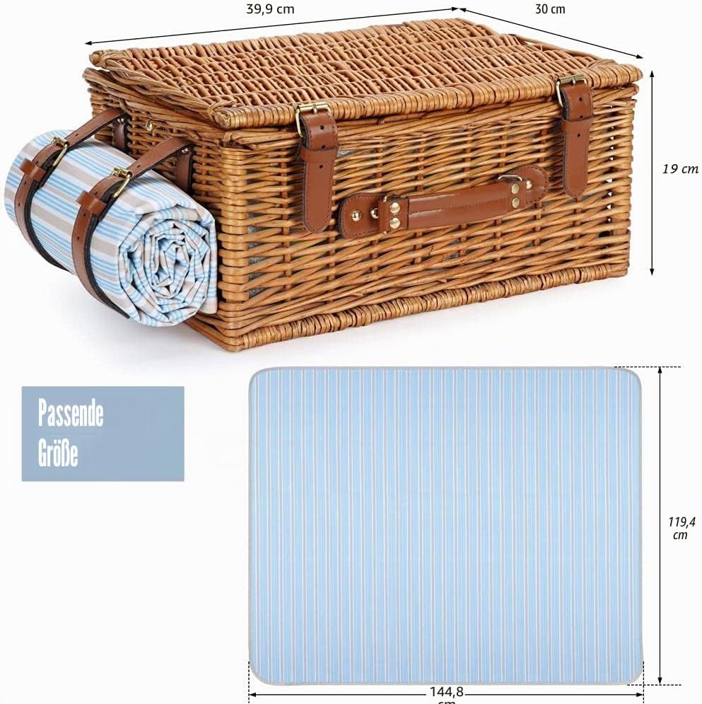 Picknickkorb Set für 2 Personen, Weidenkorb mit grossem isoliertem Kühlfach, wasserdichter Decke und