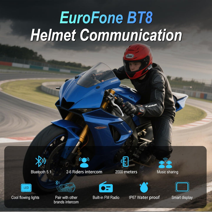 EuroFone Motorrad Bluetooth Headset, Motorrad Bluetooth Intercom Kommunikationssystem mit LED-Bildsc