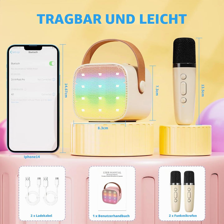 Karaoke Maschine Kinder Mini Karaoke Maschine mit 1 Mikrofon Bluetooth-Lautsprecher mit LED-Lichtern