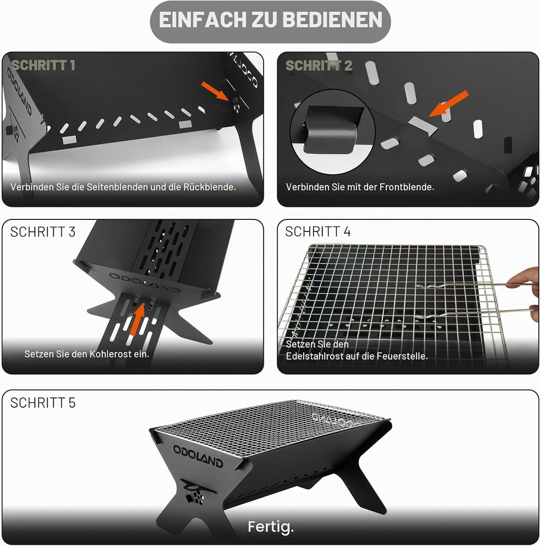 Odoland Camping-Feuerstelle, tragbare Feuerstelle für Camping, 2 in 1 Holzfeuerstelle, Grill mit abn