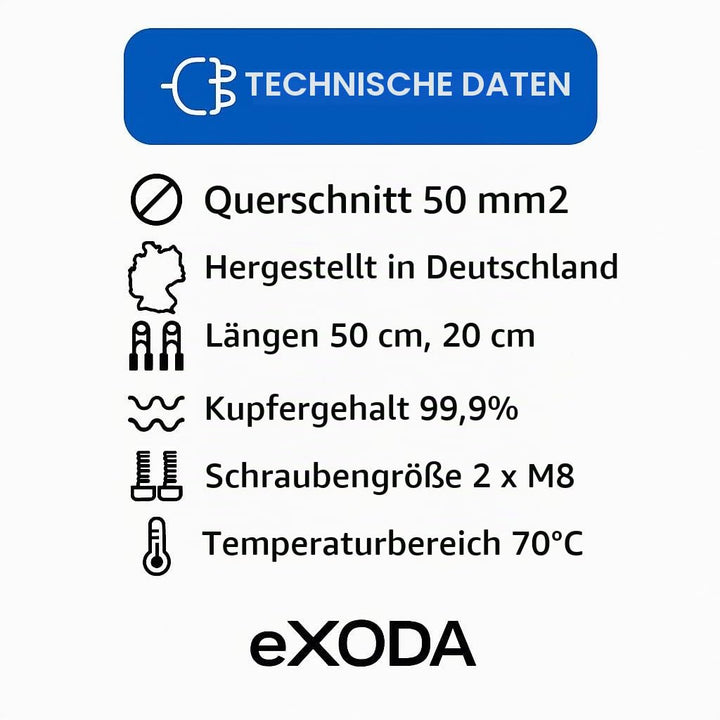 eXODA 50 mm² Kabel Set 50cm 20cm M8 Kabelschuhe Rot Schwarz Hochwertige Batteriekabel für Auto Boot