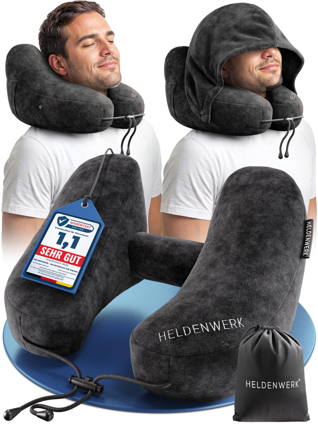 HELDENWERK® Air Nackenkissen Flugzeug Aufblasbar | Reisekissen für 5 Schlafpositionen, schnell aufbl